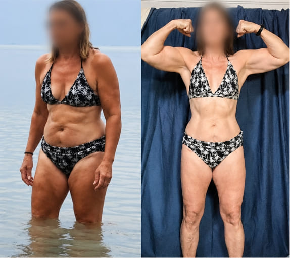 Member before and after, from a beach photo to a posed flex showing substantial fat loss and muscle gain through the shoulders, arms and legs.
