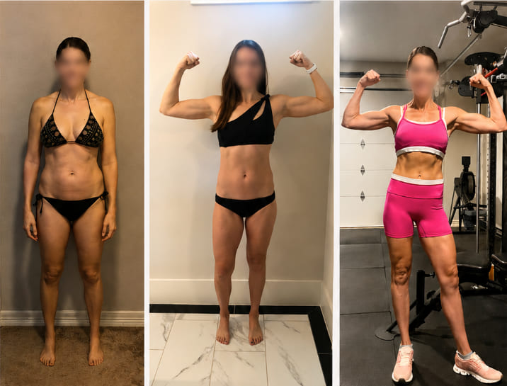 One member at three stages, from her starting point to visible fat loss and a posed physique.