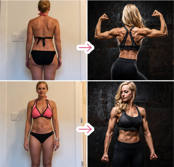 Member before and after from the back and the front, showing fat loss and added definition through the shoulders, back and arms.