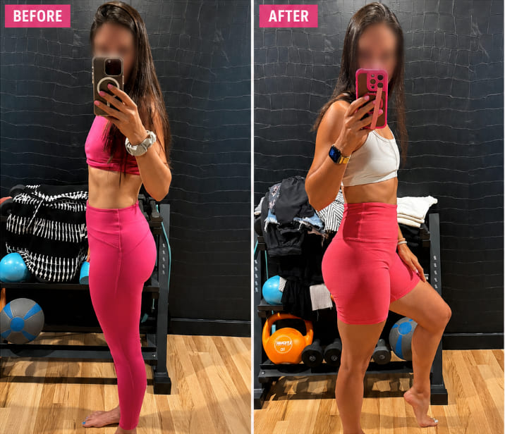 Member before and after in a gym mirror, showing added muscle through the legs and glutes.