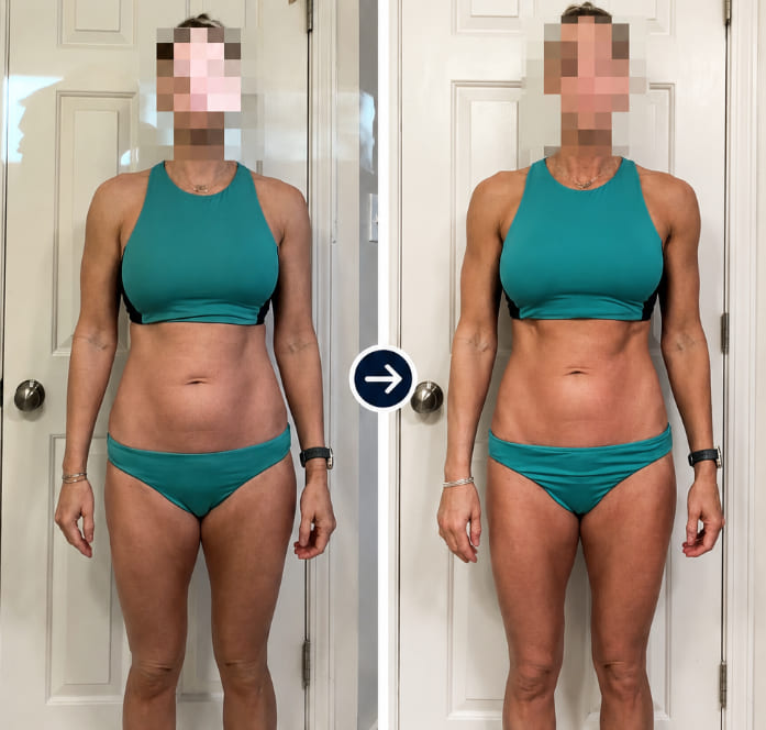 Member before and after in the same swimsuit, showing more defined shoulders, arms and midsection.
