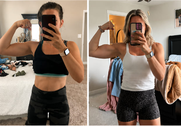 Member before and after in a mirror selfie, flexing, with clear arm and shoulder definition in the after.